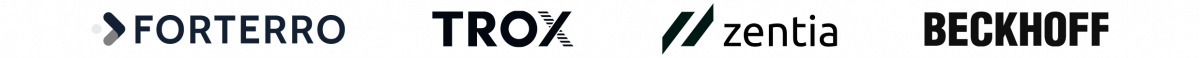 Logos of companies for which Squareone delivered UX/UI implementations, including Trox, Forterro, Zentia, and Beckhoff