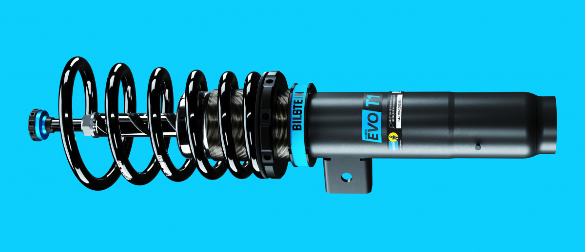 Sideview of the evo T1 by thyssenkrupp Bilstein with bright blue background