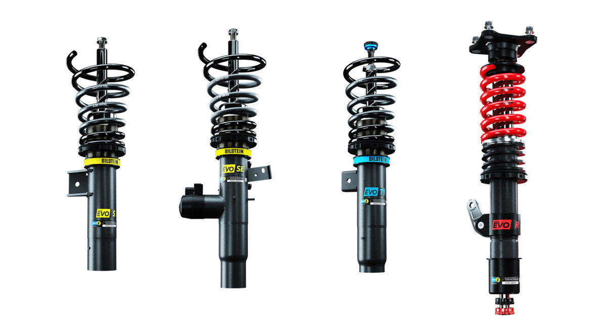 Vorderansicht von vier evo Stoßdämpfern von thyssenkrupp Bilstein für Sportfahrwerke in verschiedenen technischen Varianten