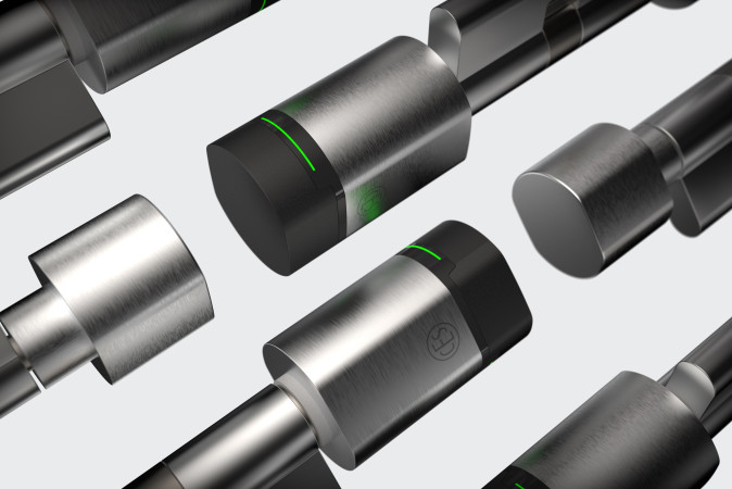 Collection of several products from the CESentry locking system portfolio, neatly arranged next to each other