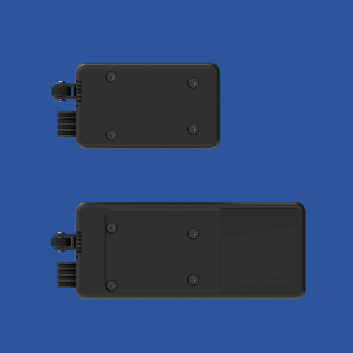 Zwei Größenvarianten des Central Locking Systems Cube Line von STS auf blauem Hintergrund