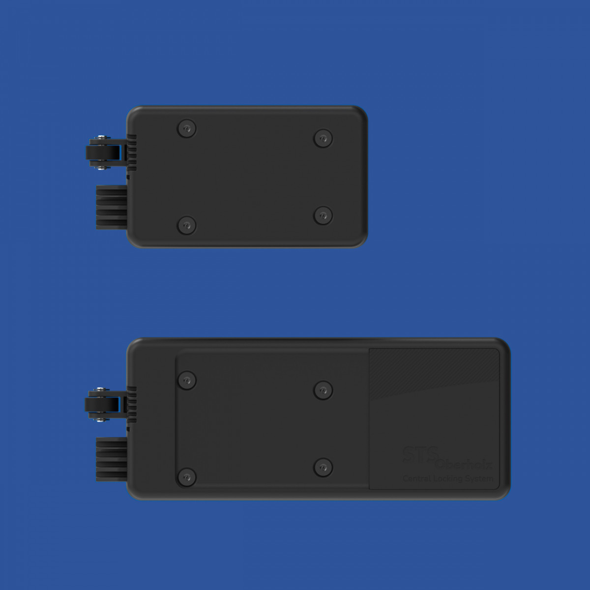 Two size variants of the Cube Line central locking system from STS on a blue background