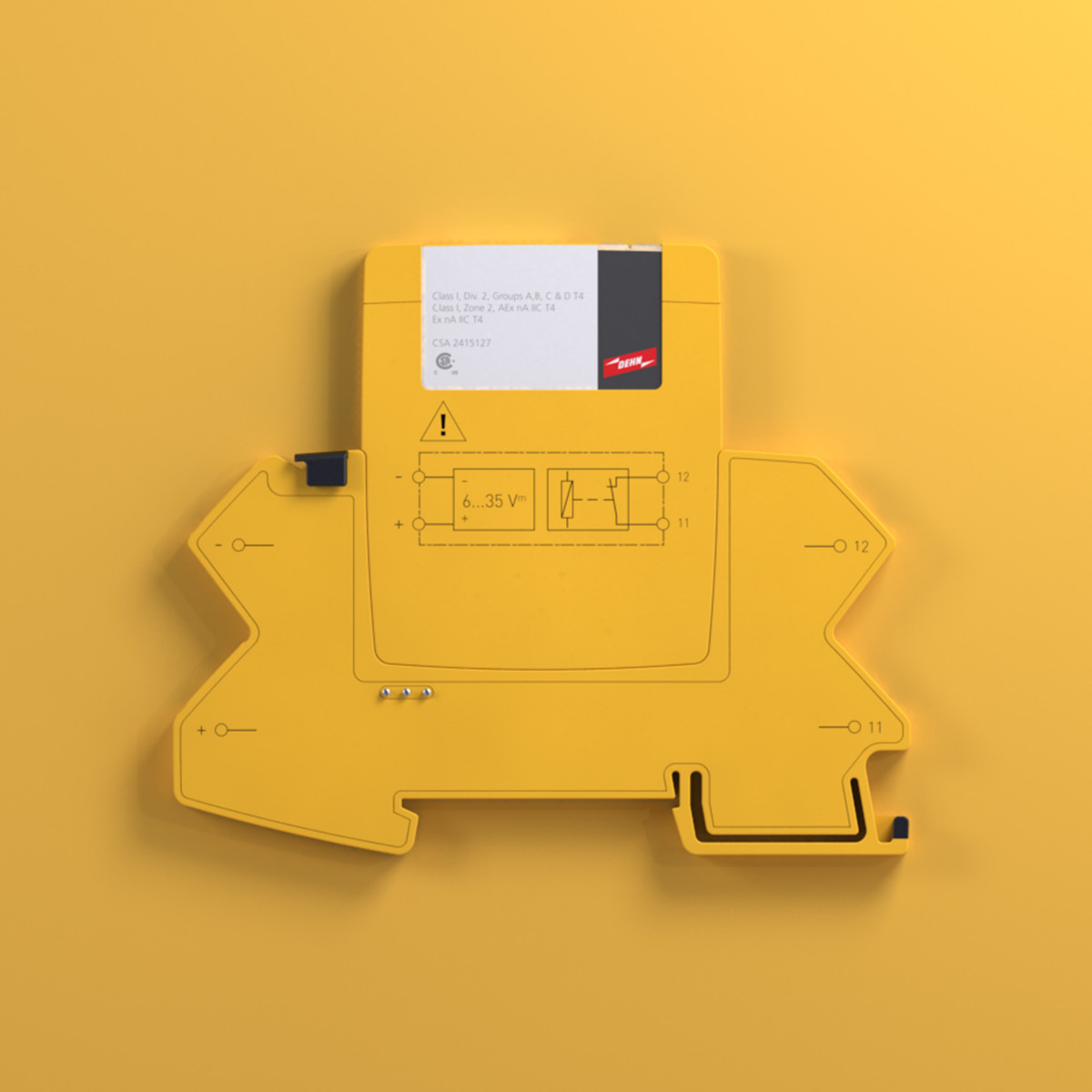 Orthographic view of the Blitzductor module from Dehn with harmoniously designed product sticker, yellow background