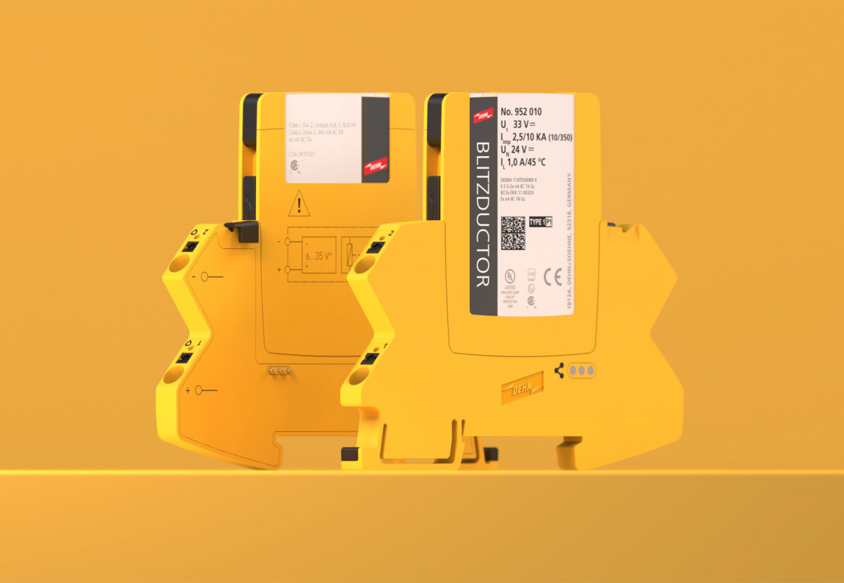 Front and backview rendering of two Blitzductor elements from Dehn, designed by Squareone, on yellow background