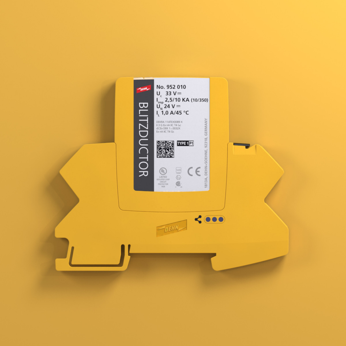 Front view of a Blitzductur module from Dehn, showing the graphically appealing product label