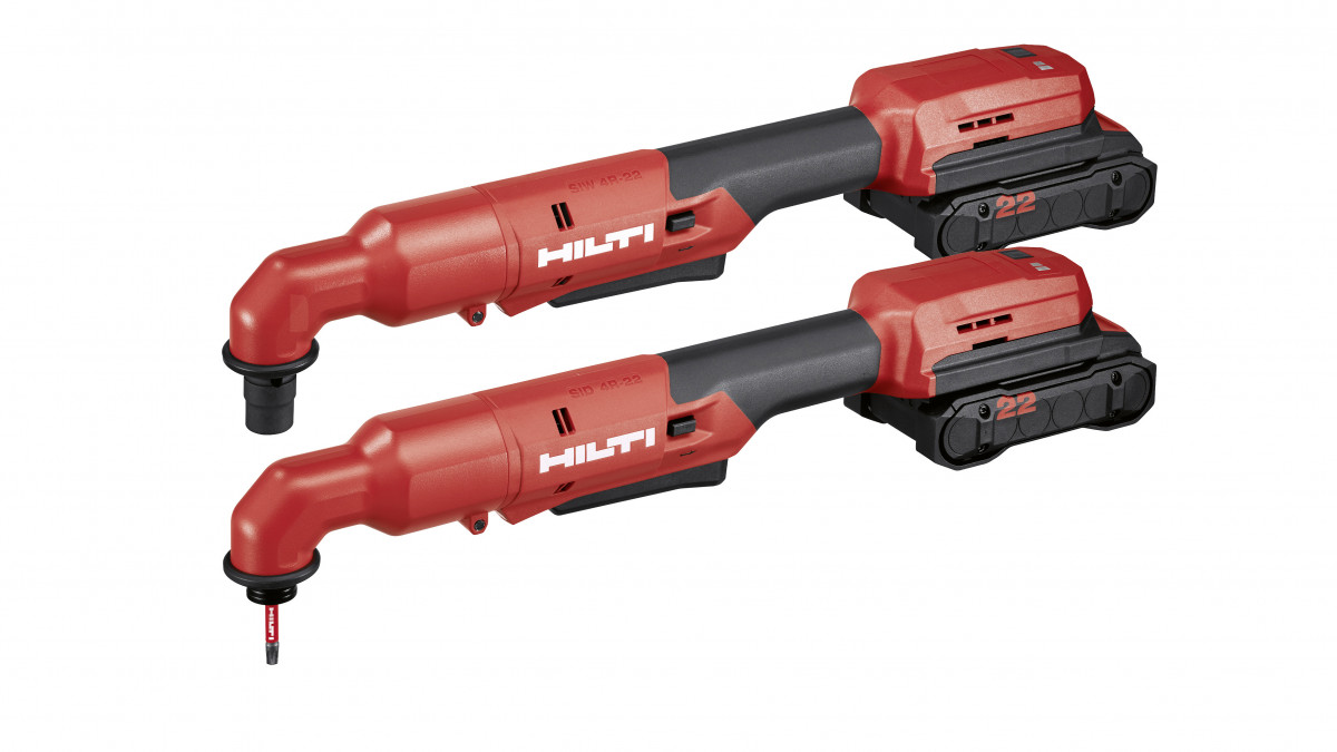 Two Hilti Right-Angle Impact Wrenches in perspective with two different tool attachments.