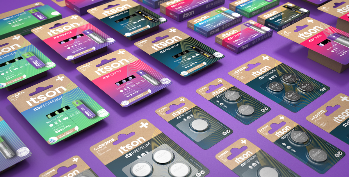 Von Squareone für itson entworfene Batterieverpackungsfamilie