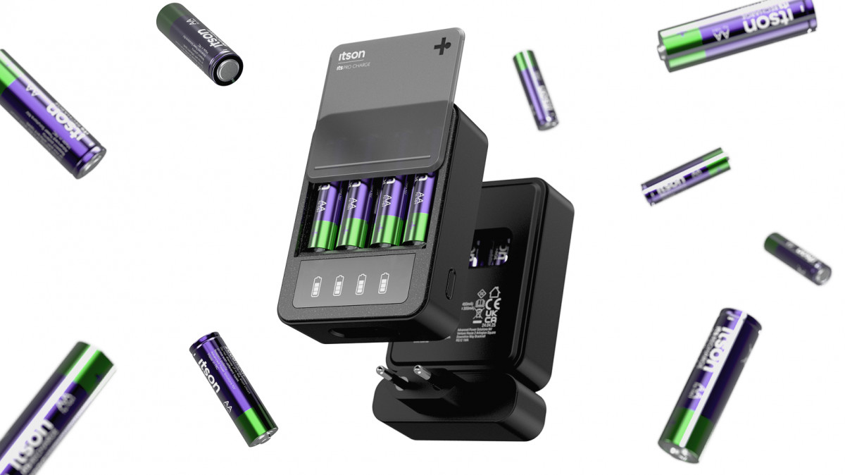 Open ITSON charger filled with batteries, ITSON batteries floating in the room and rear view of an ITSON charger