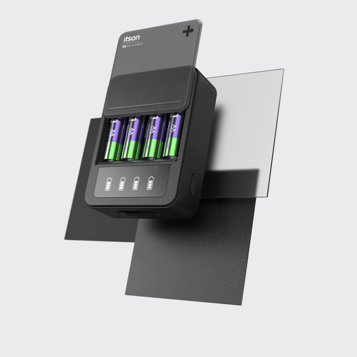 Im Hintergrund des geöffneten Chargers sind die verwendeten Materialien als quadratische Scheiben zu sehen.