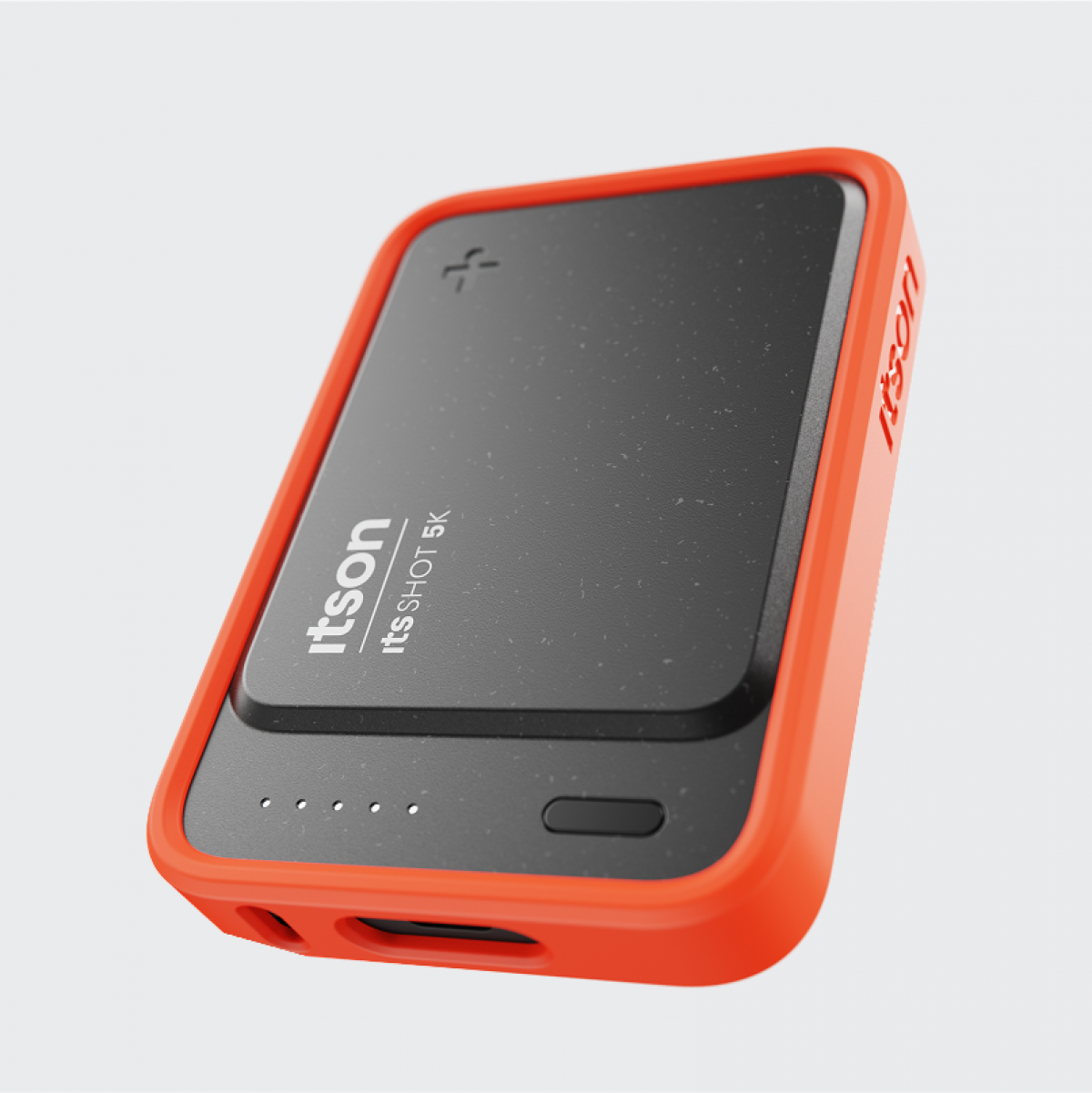 schwebende Powerbank von itson mit orangem Bumper