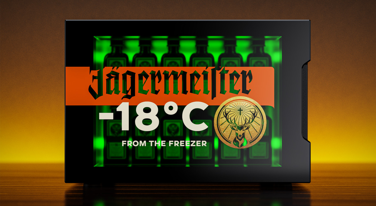 Front view of the Jägermeister Freezer, completely filled with bottles