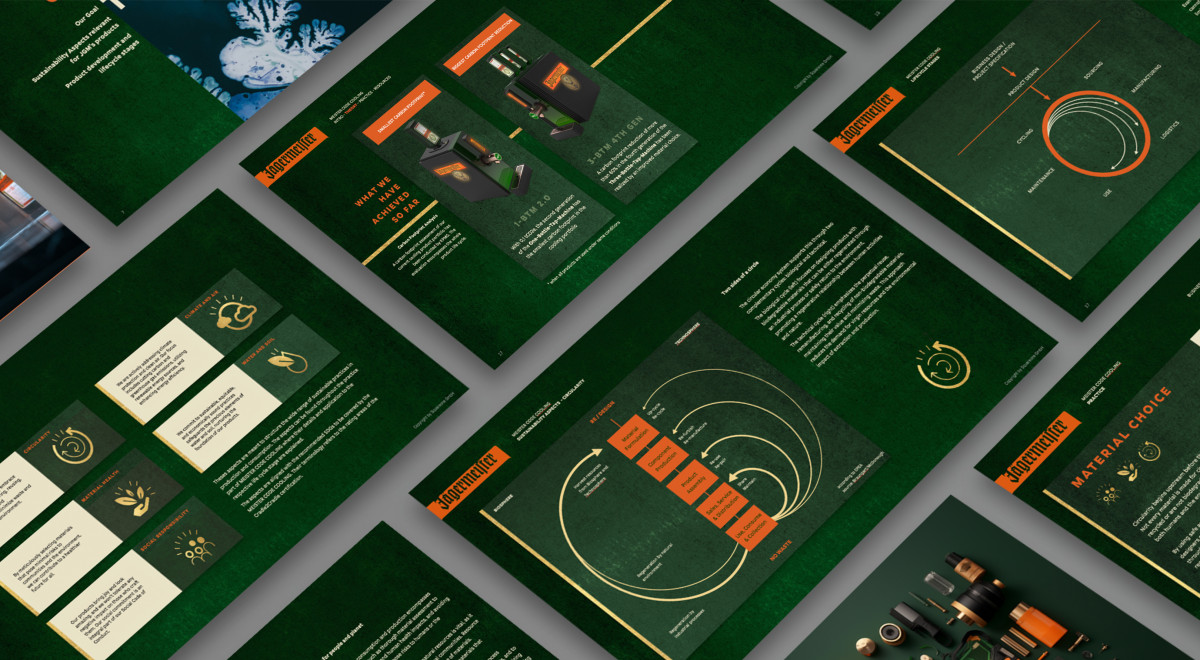 Several slides from the Meistercode Presentation for Jagermeister neatly layed out on grey background