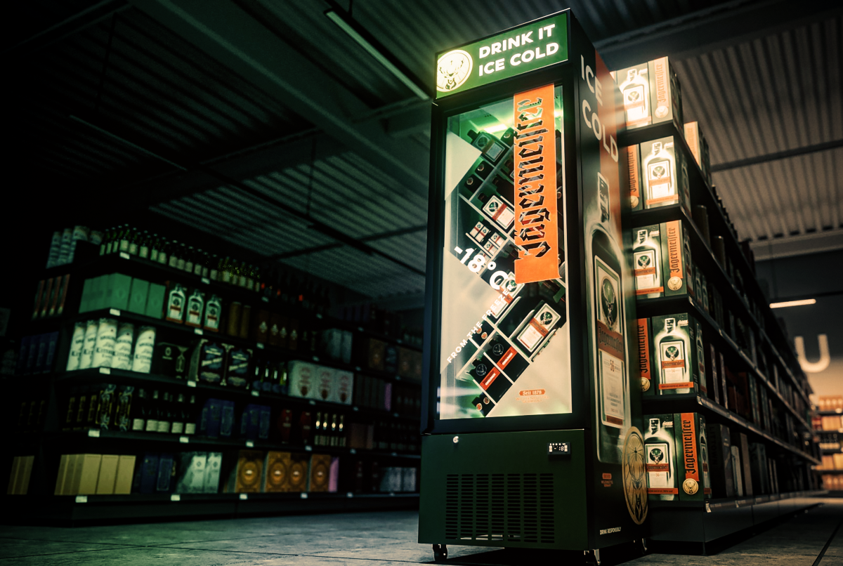 Large Jägermeister refrigerator in the drinks section of the supermarket