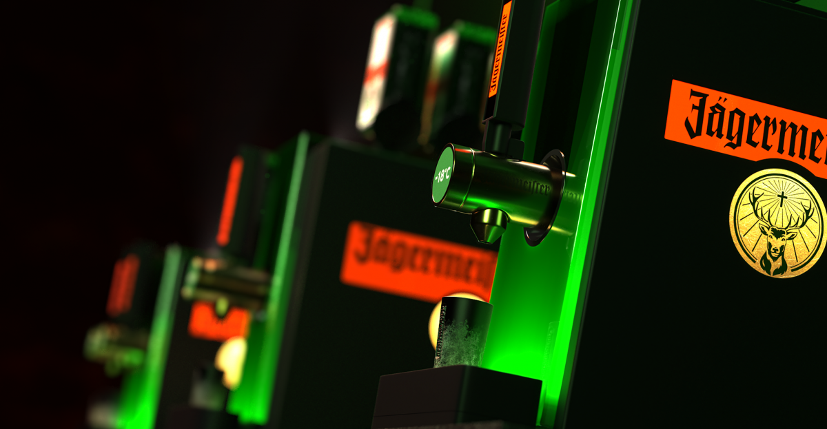 Three Jaegermeister One Bottle Tab Machines photographed at an angle and in section