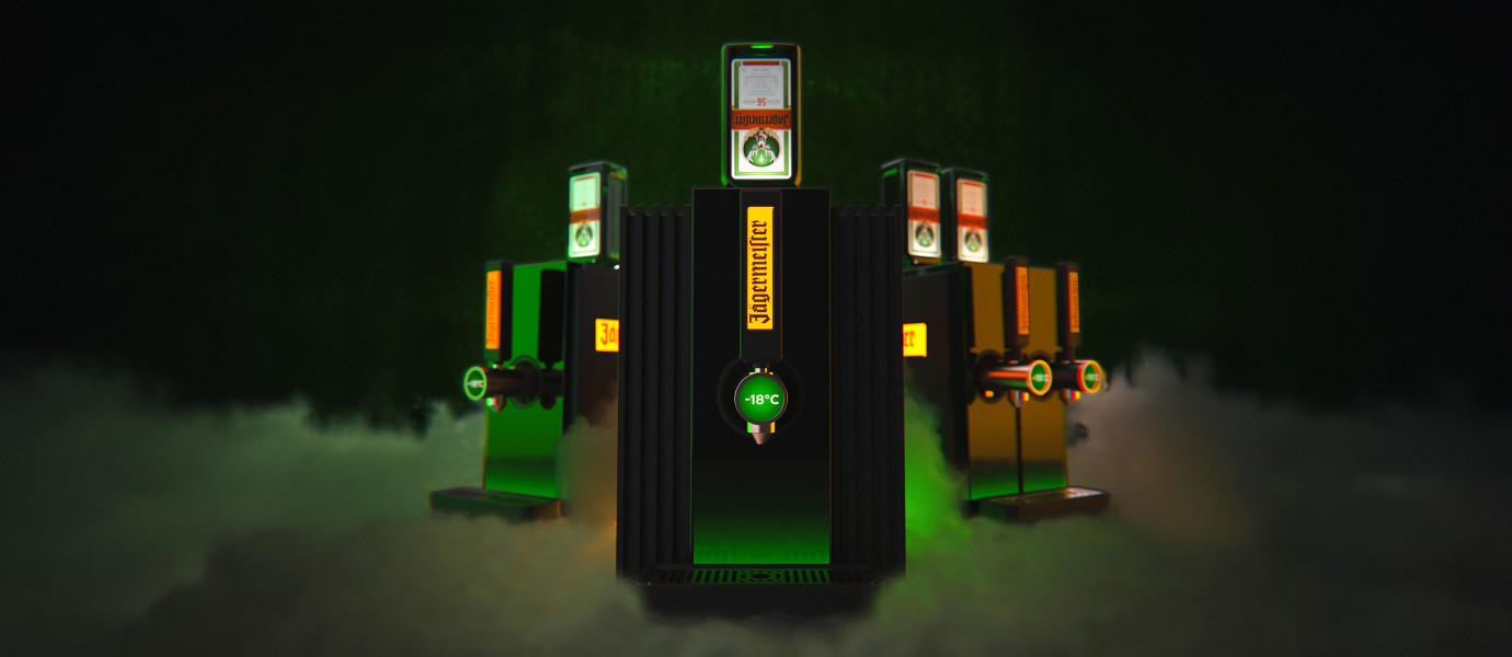Products from Jägermeister's Tabmachine portfolio dramatically arranged in fog