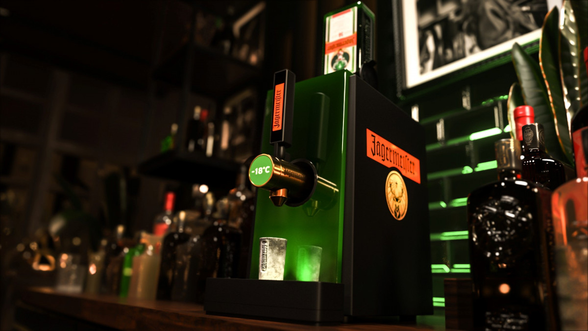 One Bottle Tab Machine stands on a bar counter with ice-cold Jägermeister glasses.