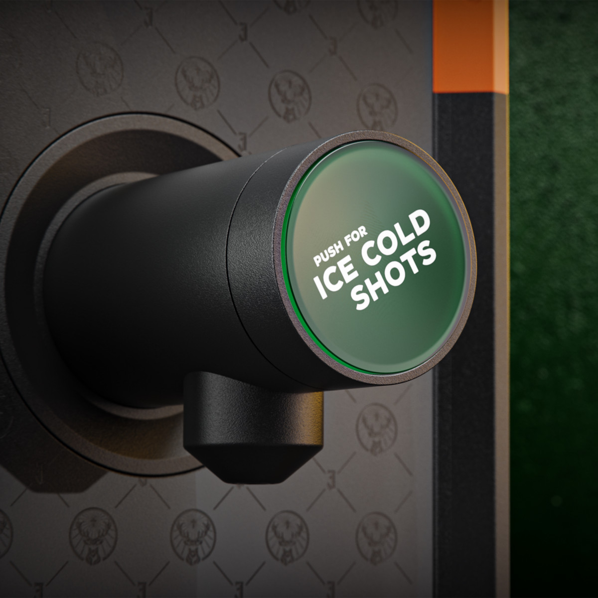 Wasserhahn Detailansicht der Hometab von Jägermeister mit „eisgekühlten Shots“ darauf.