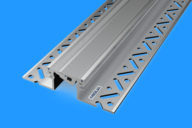 Rendering of new Migua joint profile in stainless steel on blue ground