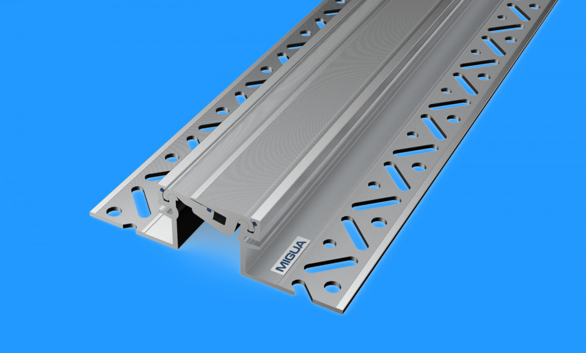Rendering of new Migua joint profile in stainless steel on blue ground
