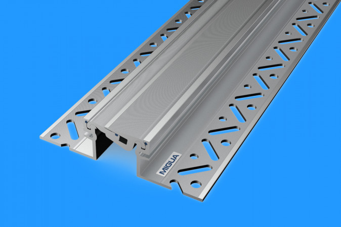 Rendering of new Migua joint profile in stainless steel on blue ground