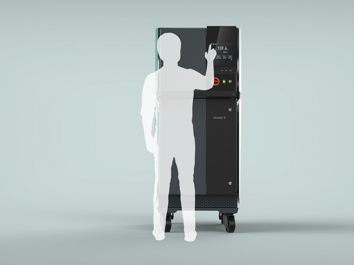 A stylised illustration showing a worker operating the interface of Module 3.