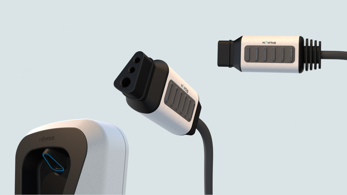 Rendering of a wall box and charger unit from the Navitas design study, a system that enables universal charging of e-bikes.