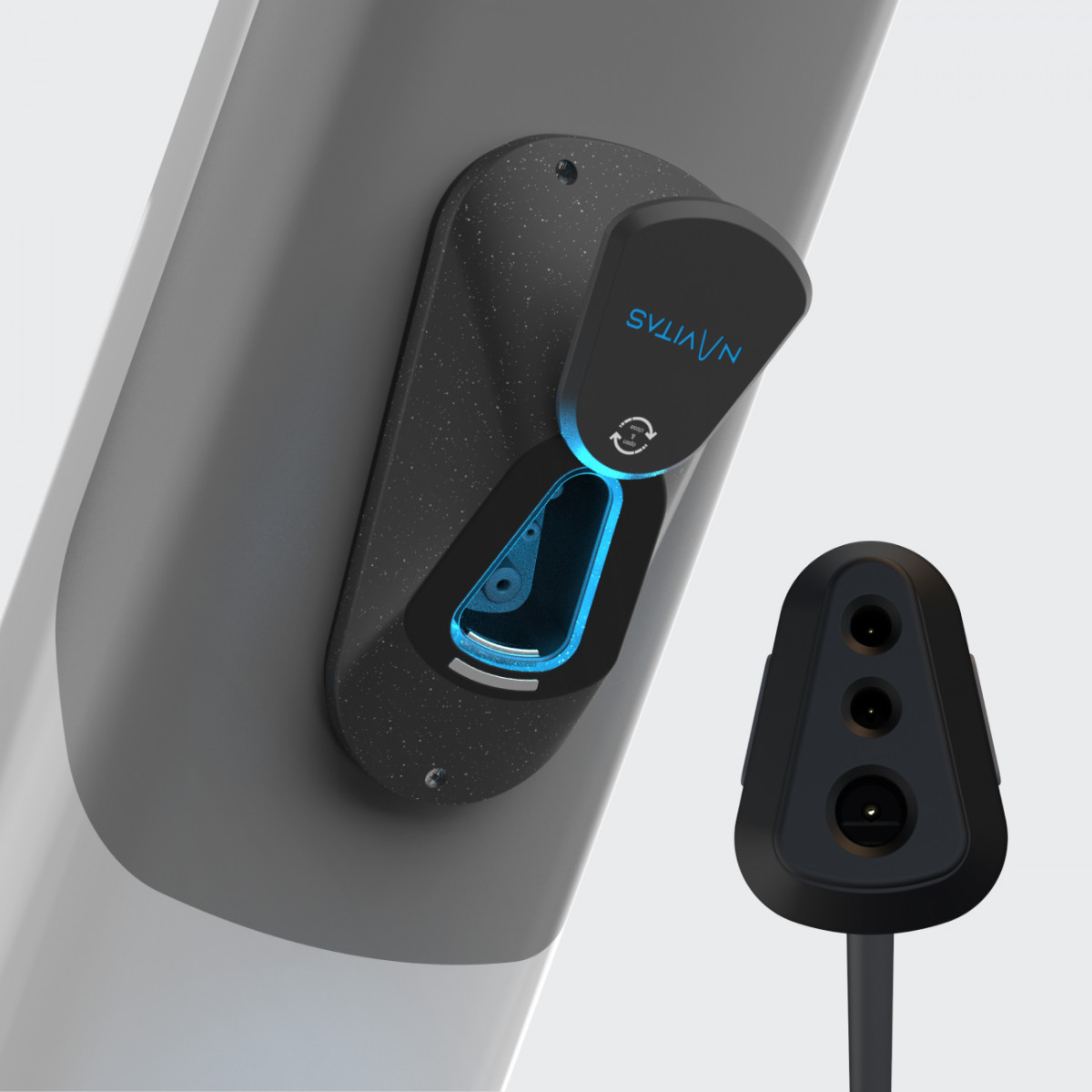 A close-up view of the retrofitted Navitas system, which turns a standard bicycle into an e-bike. The component is automatically illuminated in blue.