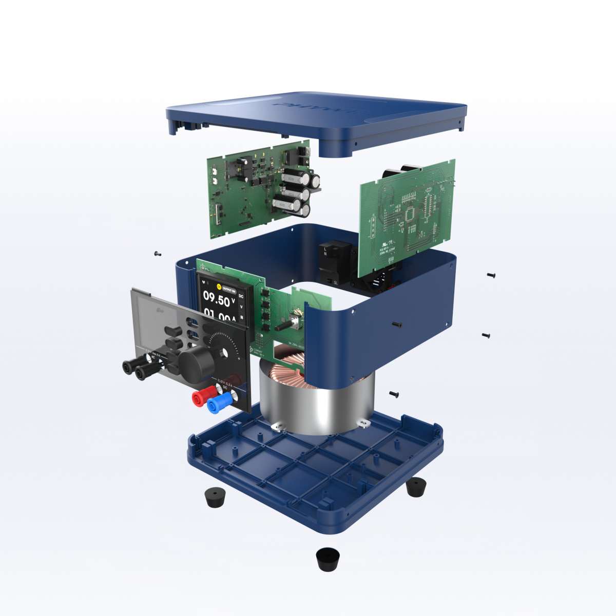 Exploded view of the PHYWE student power supply – visualisation by Squareone