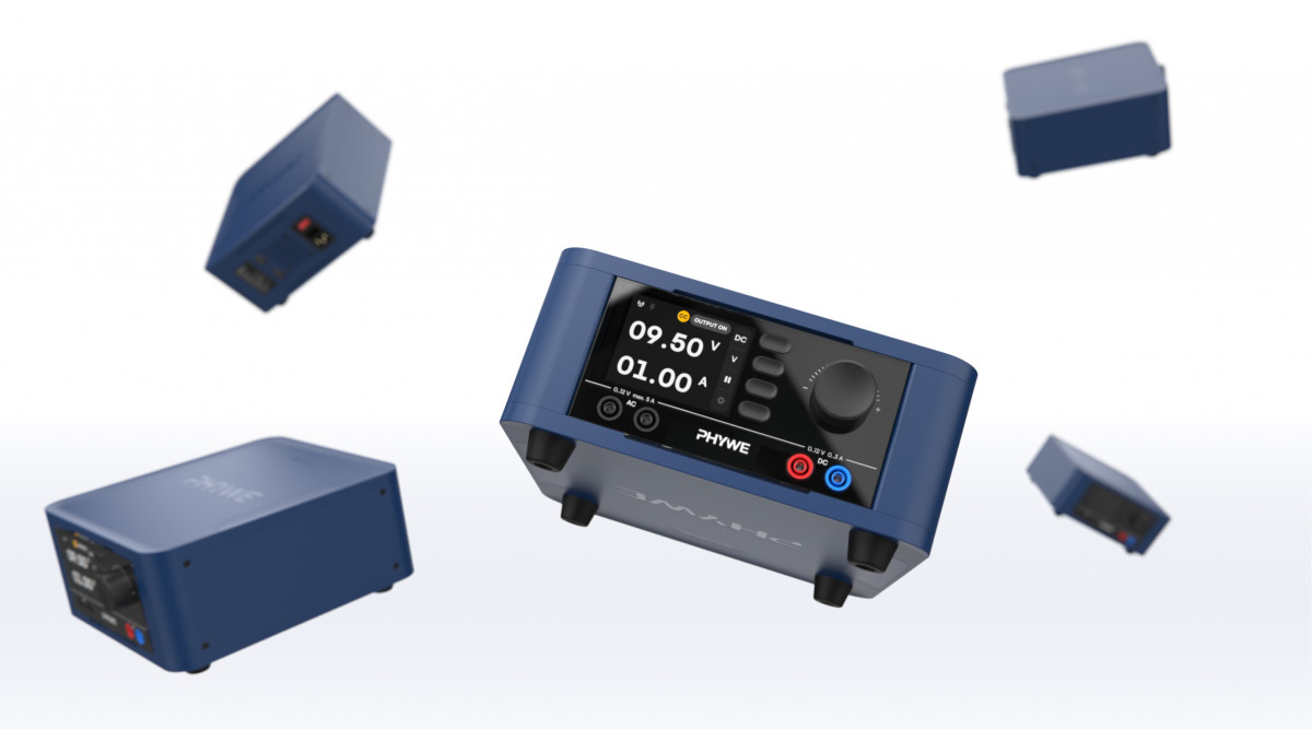 A playful visualisation of the PHYWE student network device featuring several products in a vacuum.