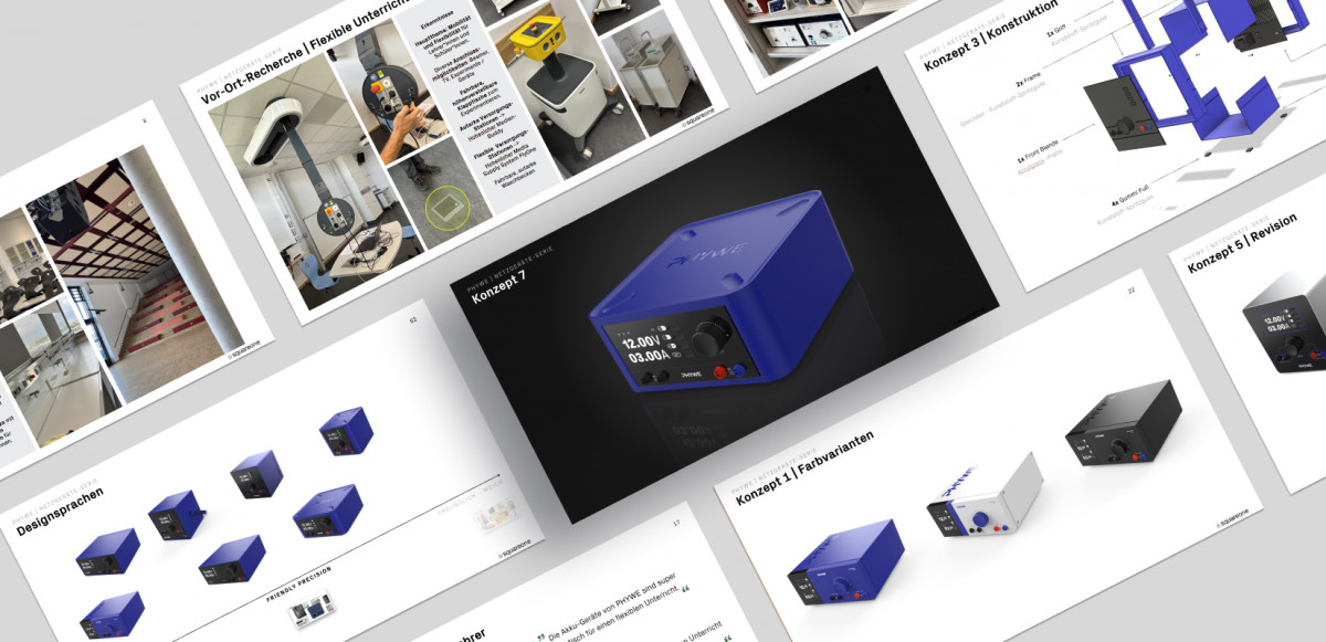 Several slides from Squareone’s analysis and design concept for the Phywe student power supply unit