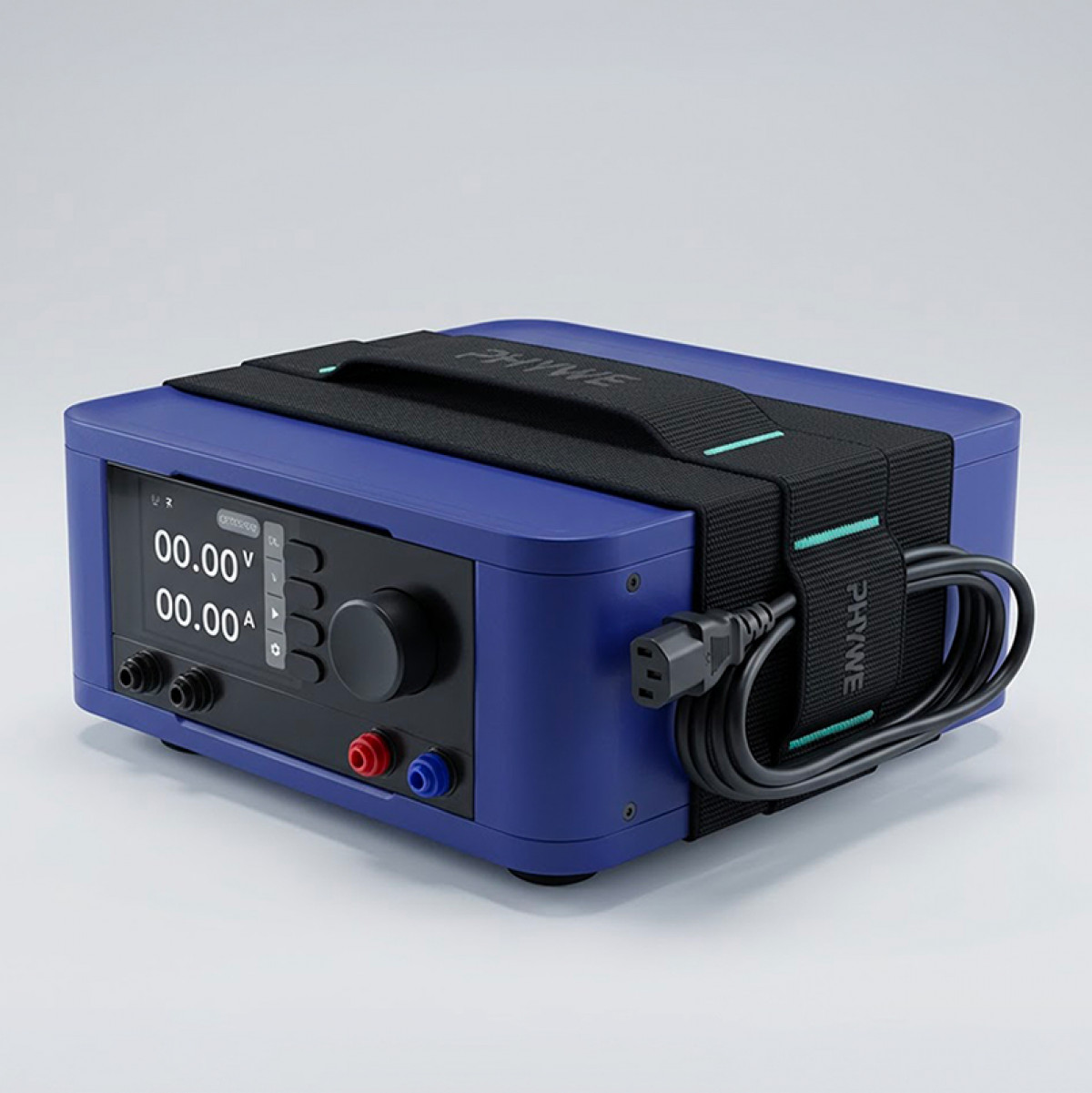 A version of the Phywe student power supply unit featuring a wraparound carrying handle for one-handed carrying and cable management – Squareone design
