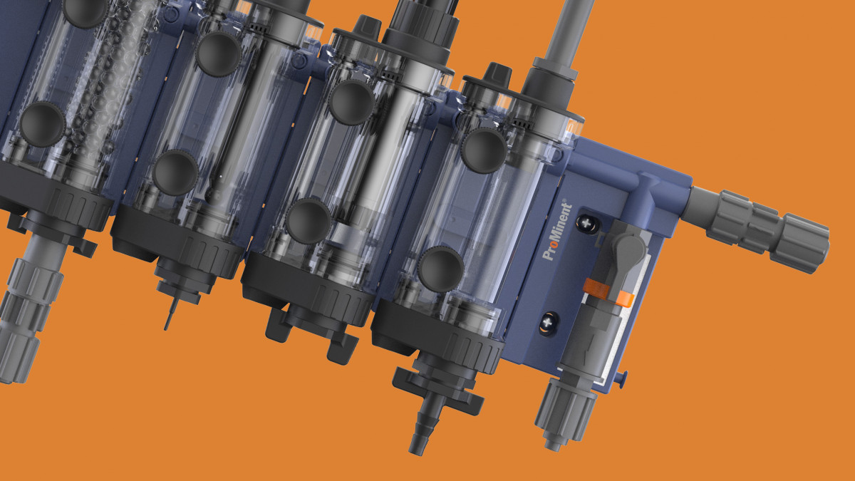 High-end rendering of the Bama bypass valve from Prominent, cut diagonally