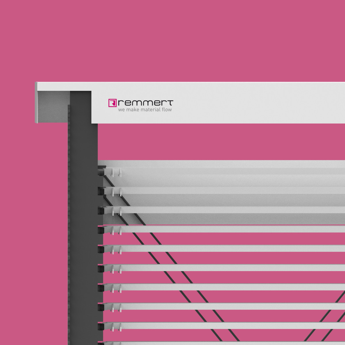 Rendering of the corner detail with a branded fascia panel on the Remmert Basic Tower, designed by Squareone GmbH, Düsseldorf