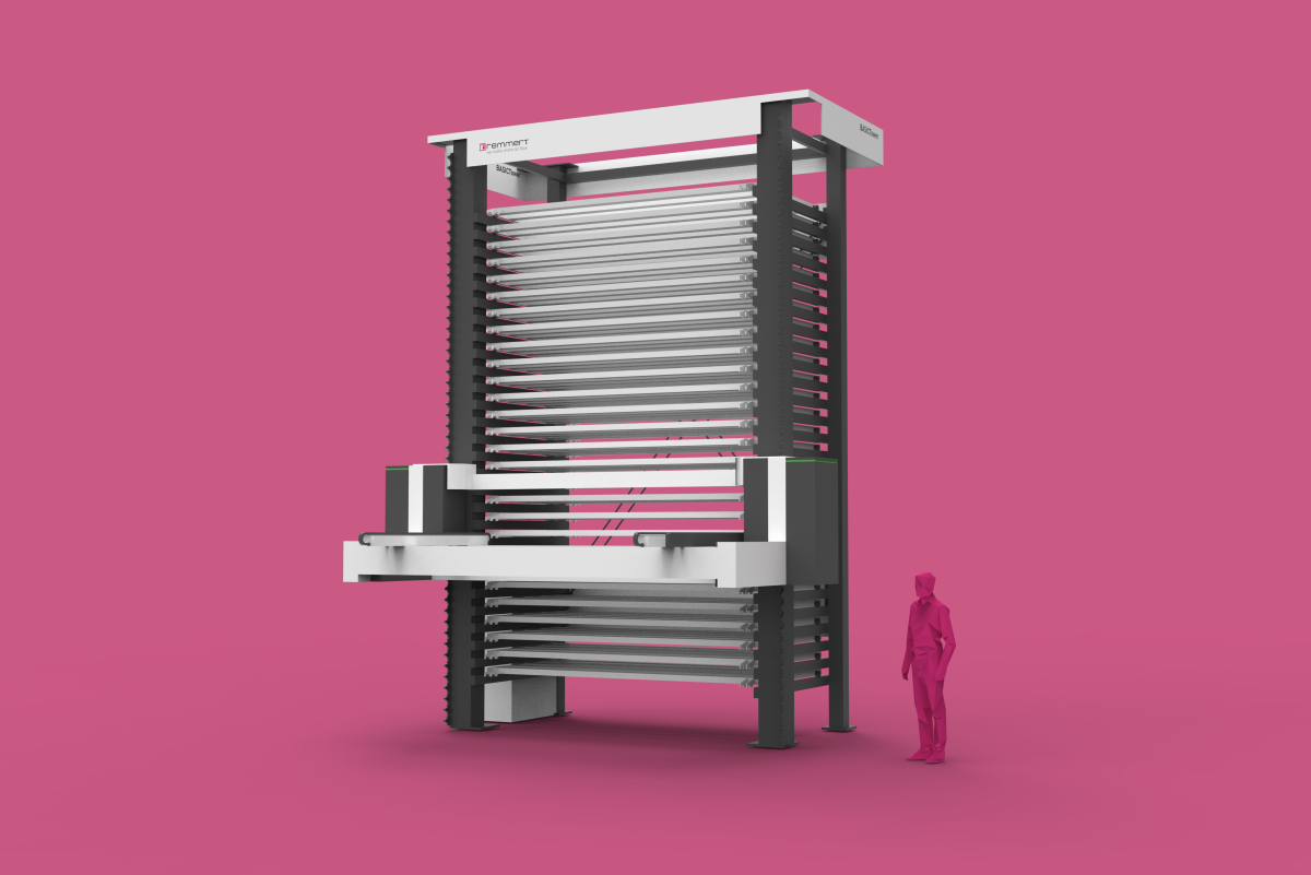 Rendering des Basic Tower von Remmert GmbH mit stilisiertem Arbeiter zur Größeneinordnung auf magentafarbenem Grund