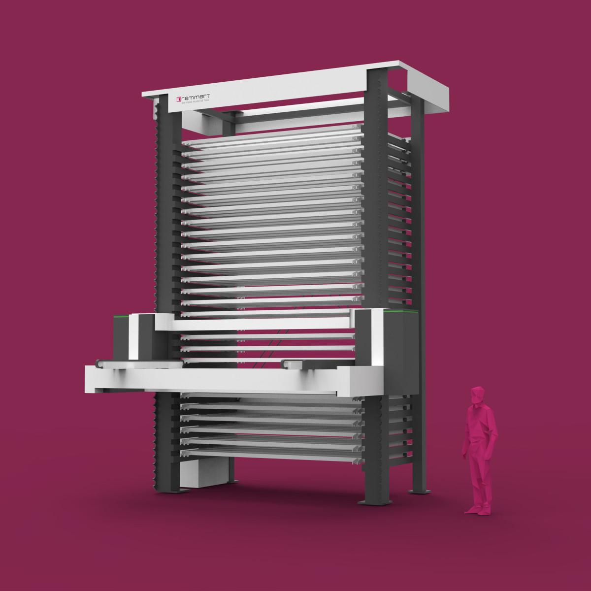 Rendering of the Basic Tower from Remmert GmbH with a stylised person for size compatibility with vibrant Remmert-Pink background