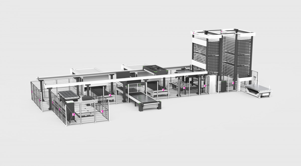 Rendering einer LaserFLEX-Kombination von Remmert mit zwei Basistürmen, Transportbändern und Lasern