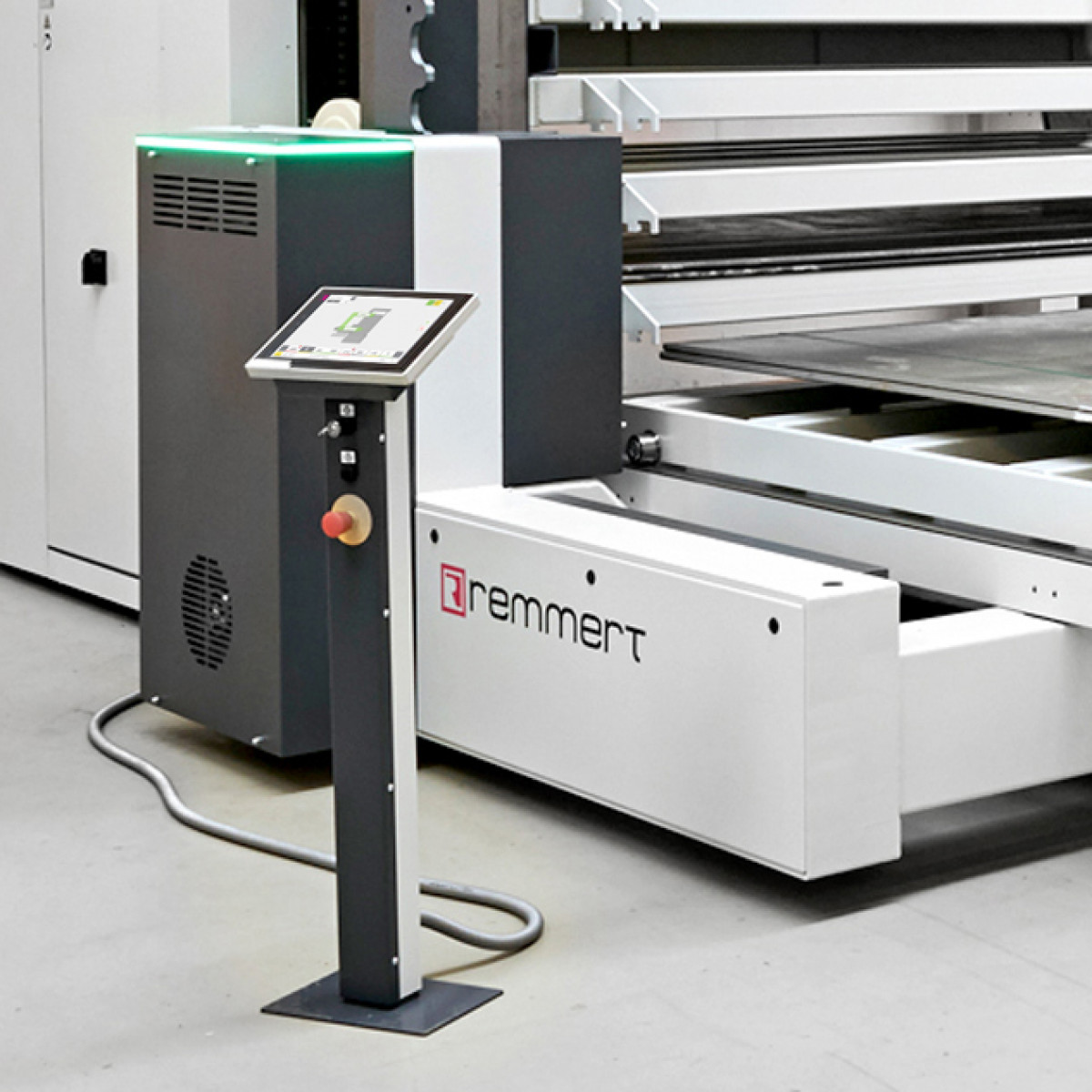 A GUI panel with touchscreen display for operating the BASIC Tower from Remmert, designed by Squareone.