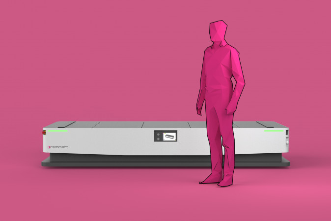 Rendering des FTS von Remmert Maschinenbau. Im Vordergrund eine stilisierte Figur, um das Gr&ouml;&szlig;enverh&auml;ltnis darzustellen. Hintergrund und Figur sind in Remmert-typischem Magenta gef&auml;rbt.