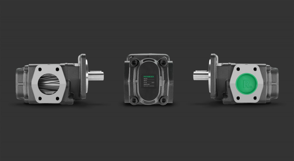 Three side views of the Rickmeier gear pump on a dark background
