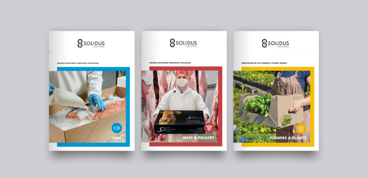 Three brochures covering the revised business case areas showcase the results of the collaboration between Squareone and Solidus Solutions in the fish, flowers and meat segments.