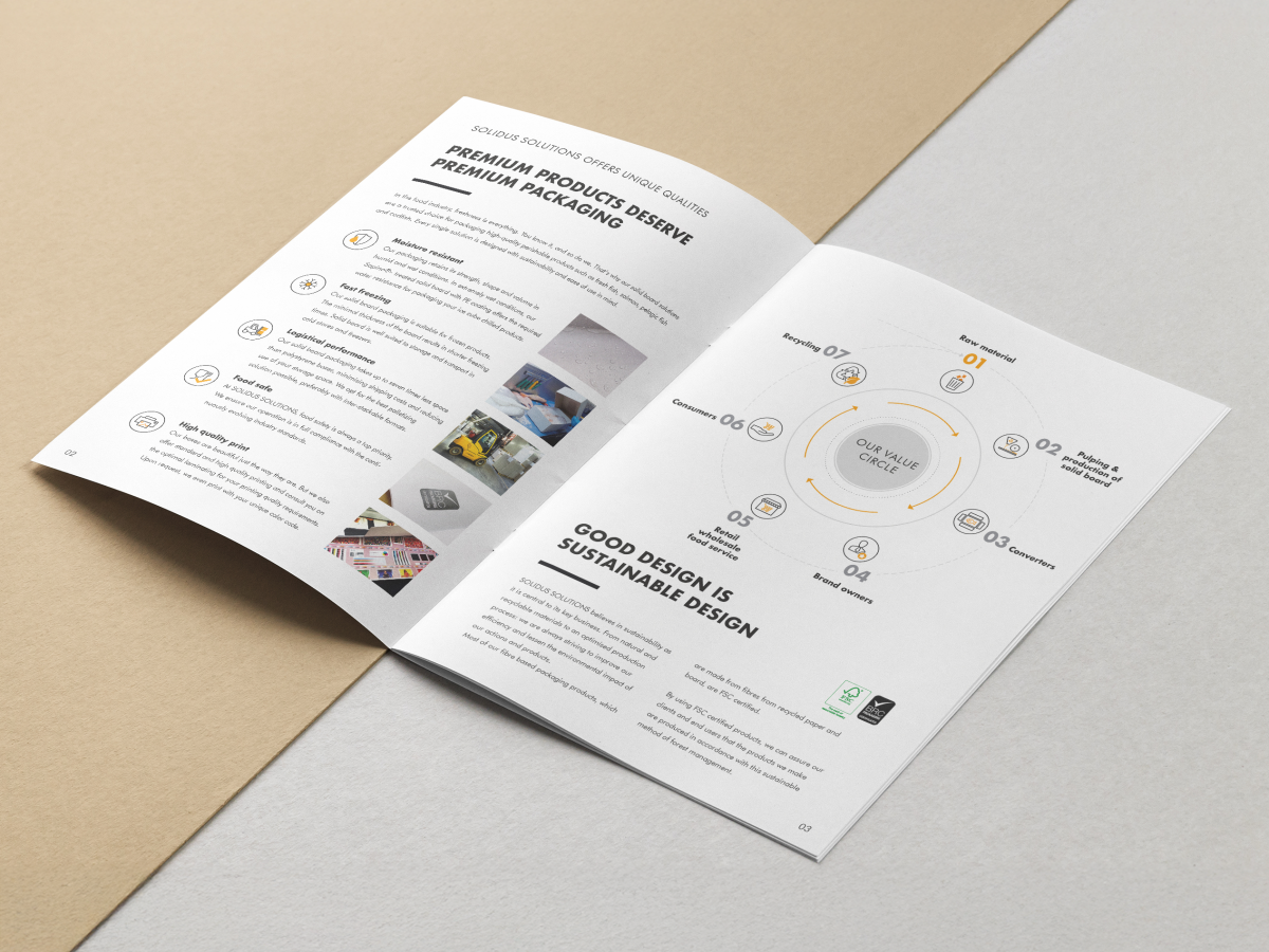 An open brochure showcasing the Solidus Solutions portfolio, highlighting the cardboard packaging manufacturer’s key selling points. Mock-up on uncoated paper.