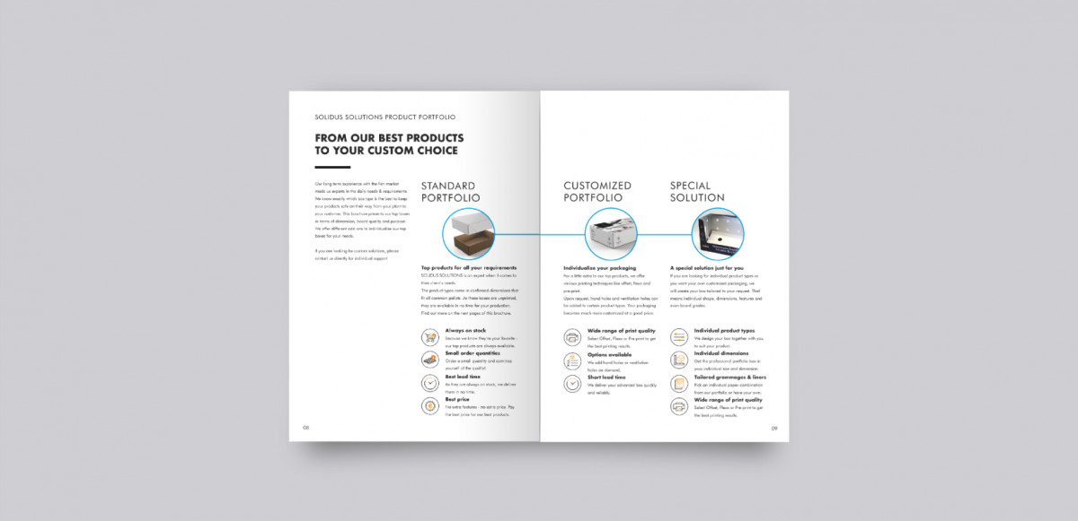 Open brochure from Solidus Solutions showing the customisation options available to customers for solid board packaging