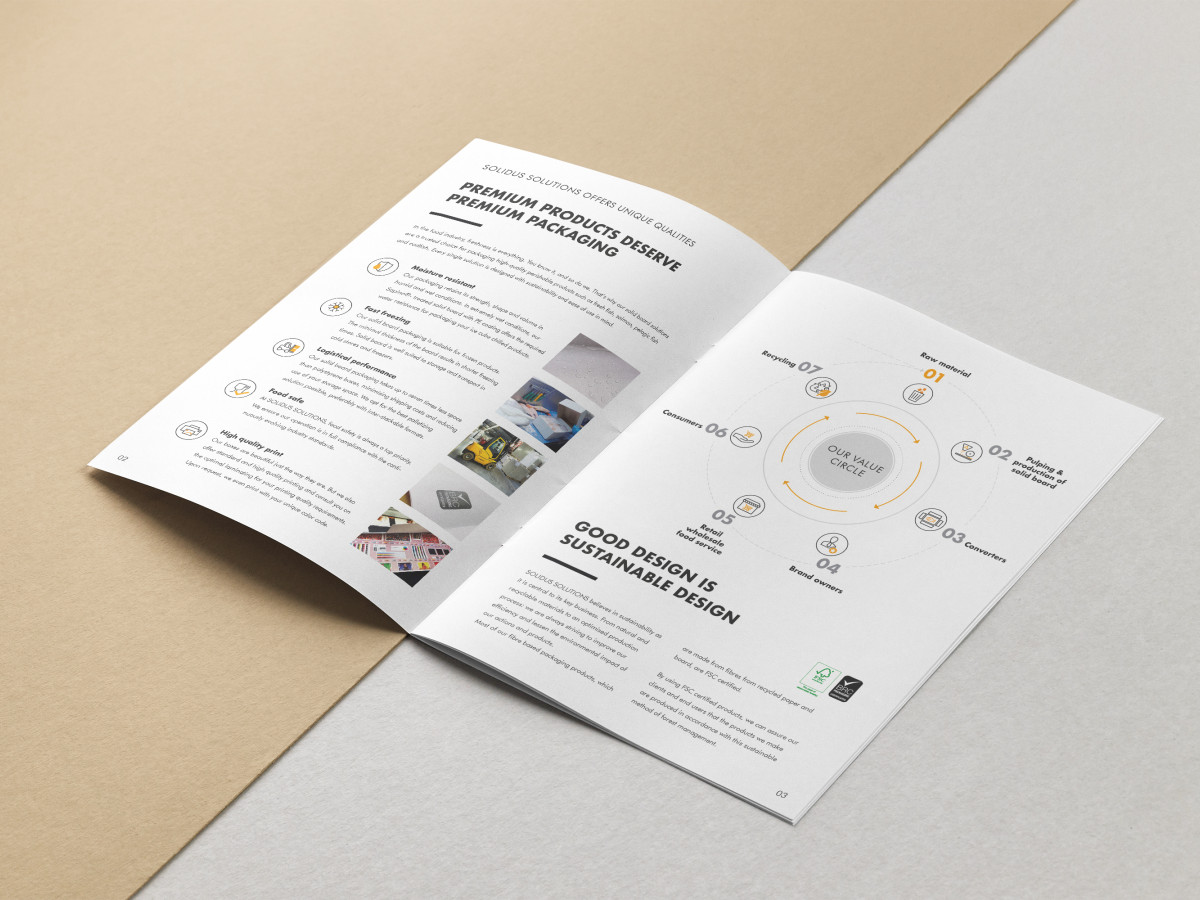 Opened product brochure from Solidus Solutions showing the USPs of the packaging and the production and delivery cycle