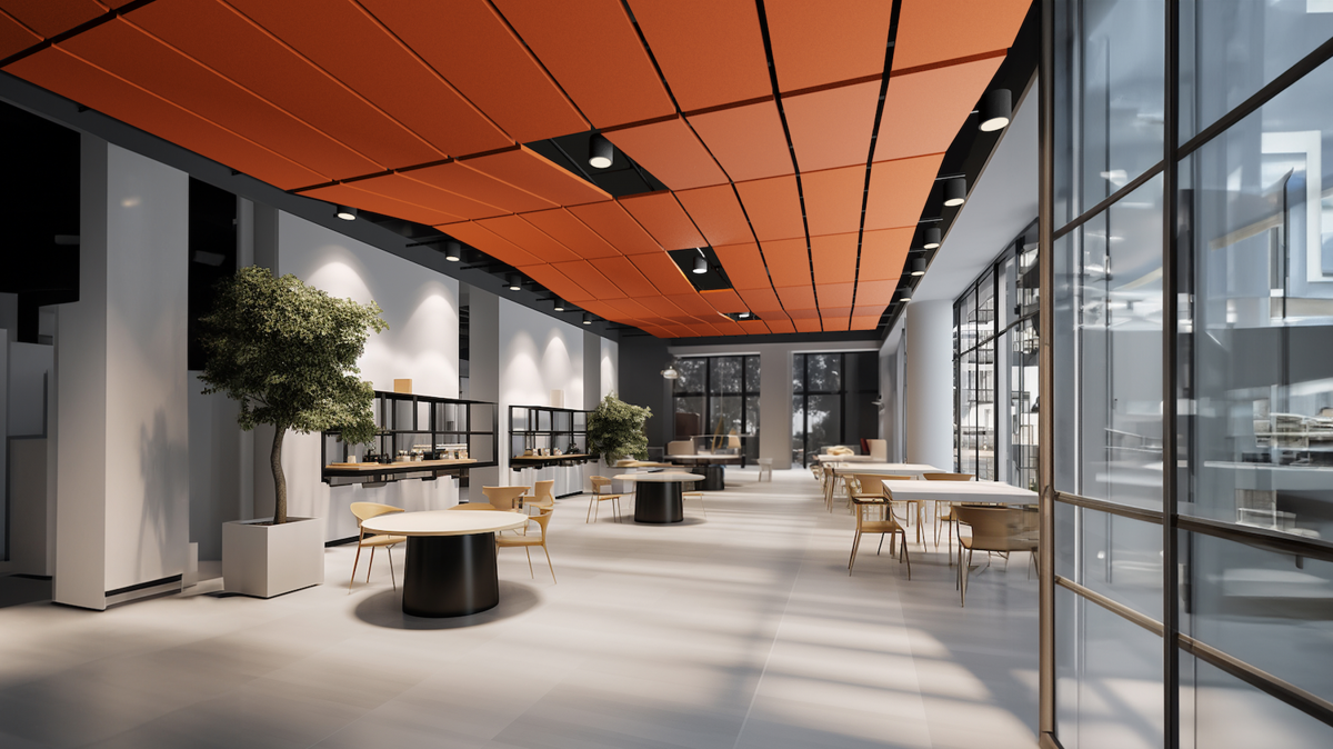 The Sonify ceiling system designed by Squareone creates extraordinary ceiling designs for restaurants and canteens.
