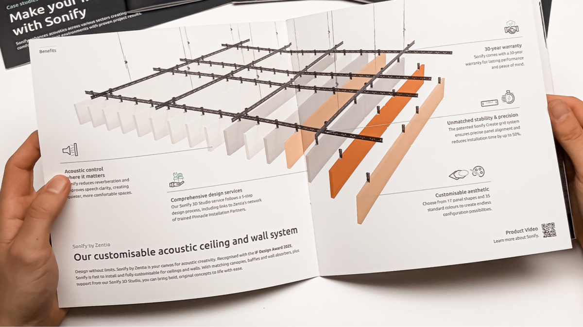 Product brochure designed by Squareone highlighting the benefits of the acoustic ceiling system Sonify by Zentia