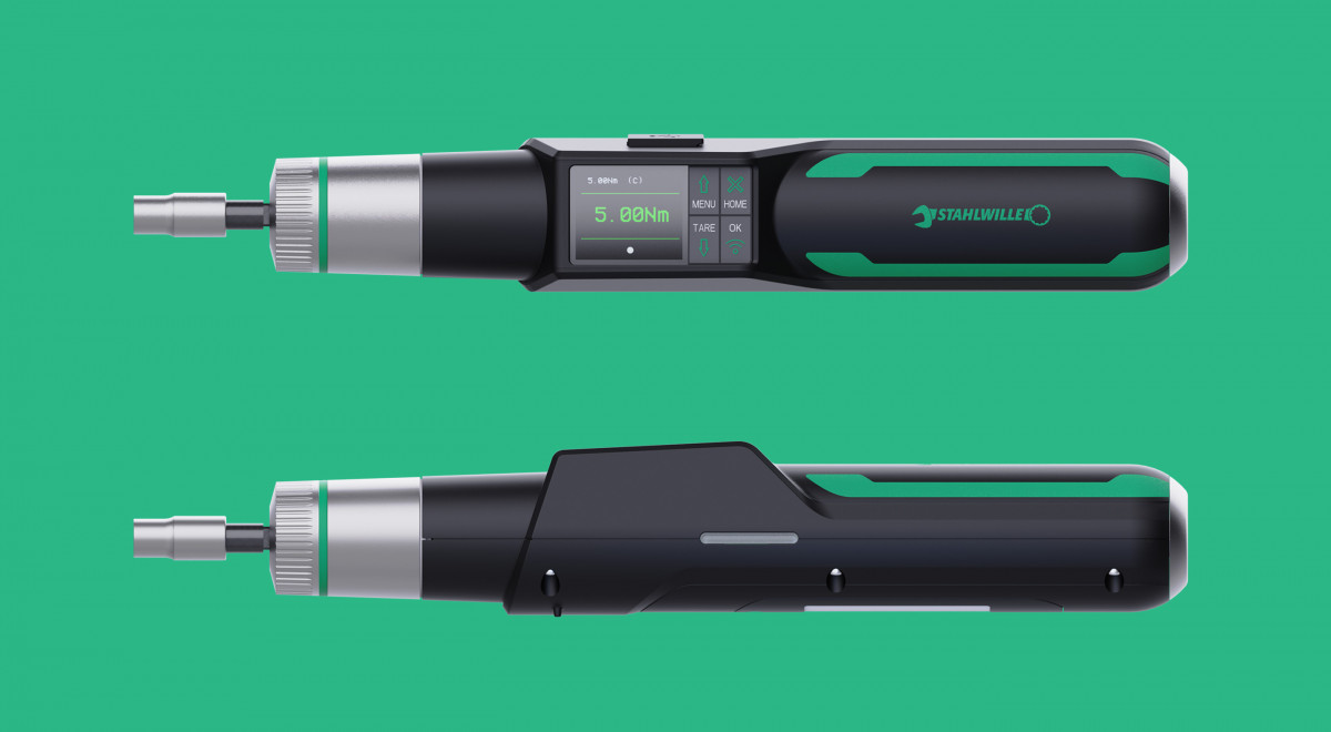 Two Torsiotronic torque wrenches from Stahlwille, one top view, one side view on a green background