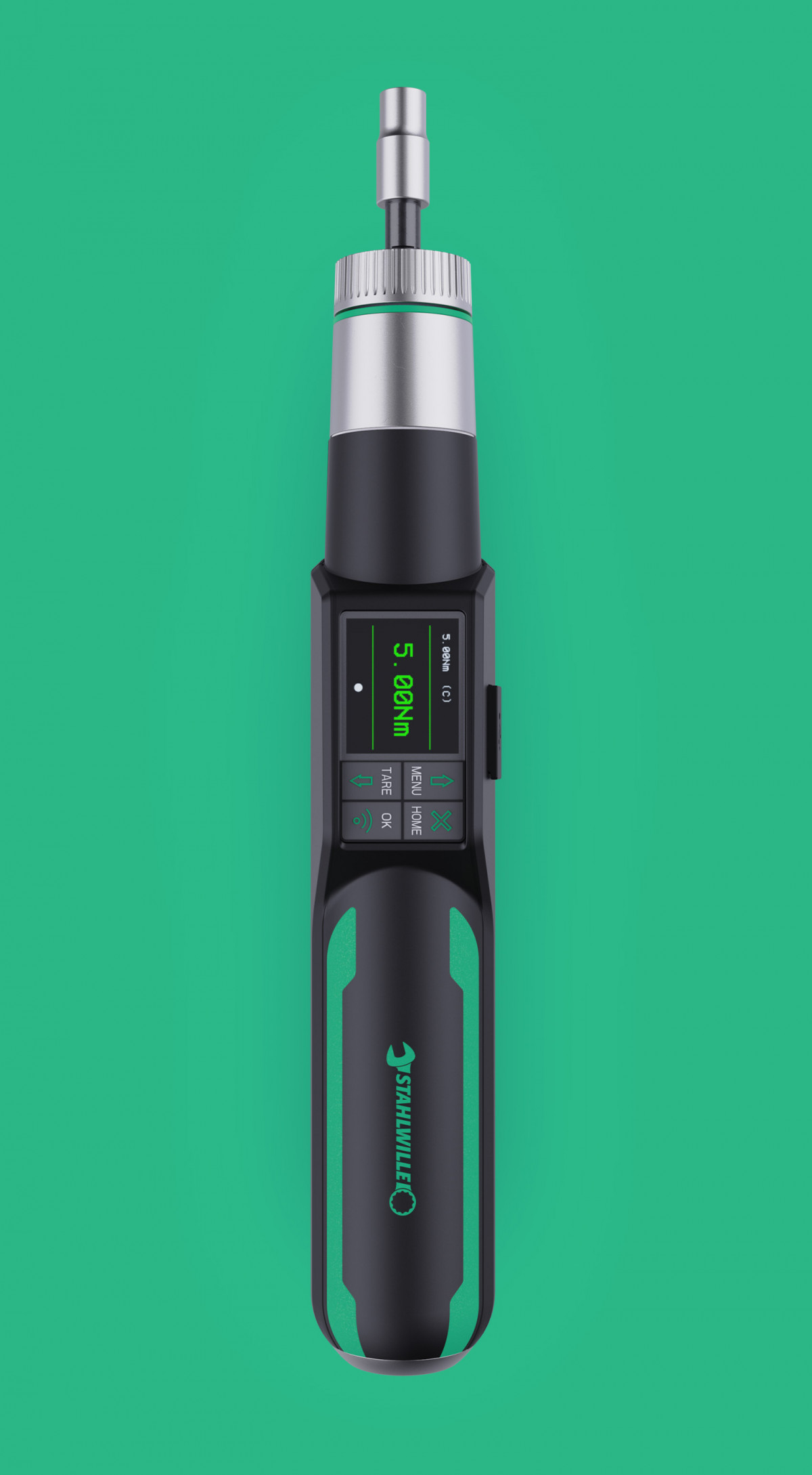 Hochkant Ansicht des Torsiotronic von Stahlwille, gestaltet von Squareone, auf grünem Hintergrund