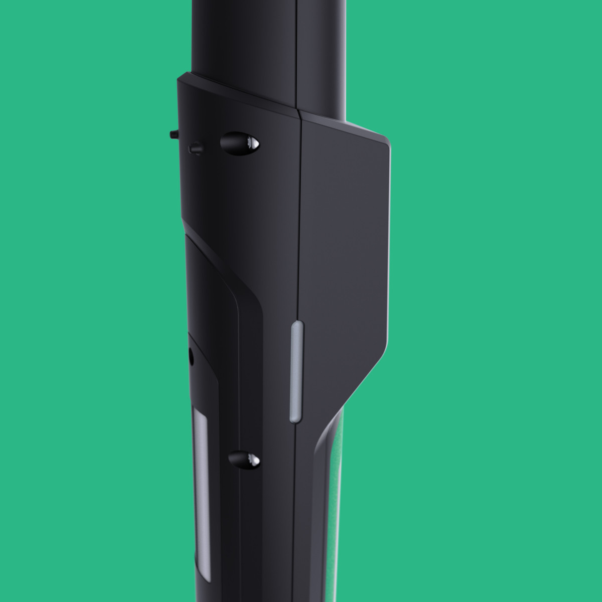 Detail of the handle of the Torsiotronic torque wrench from Stahlwille, focusing on the line, the fit of the screw connection and the side light.