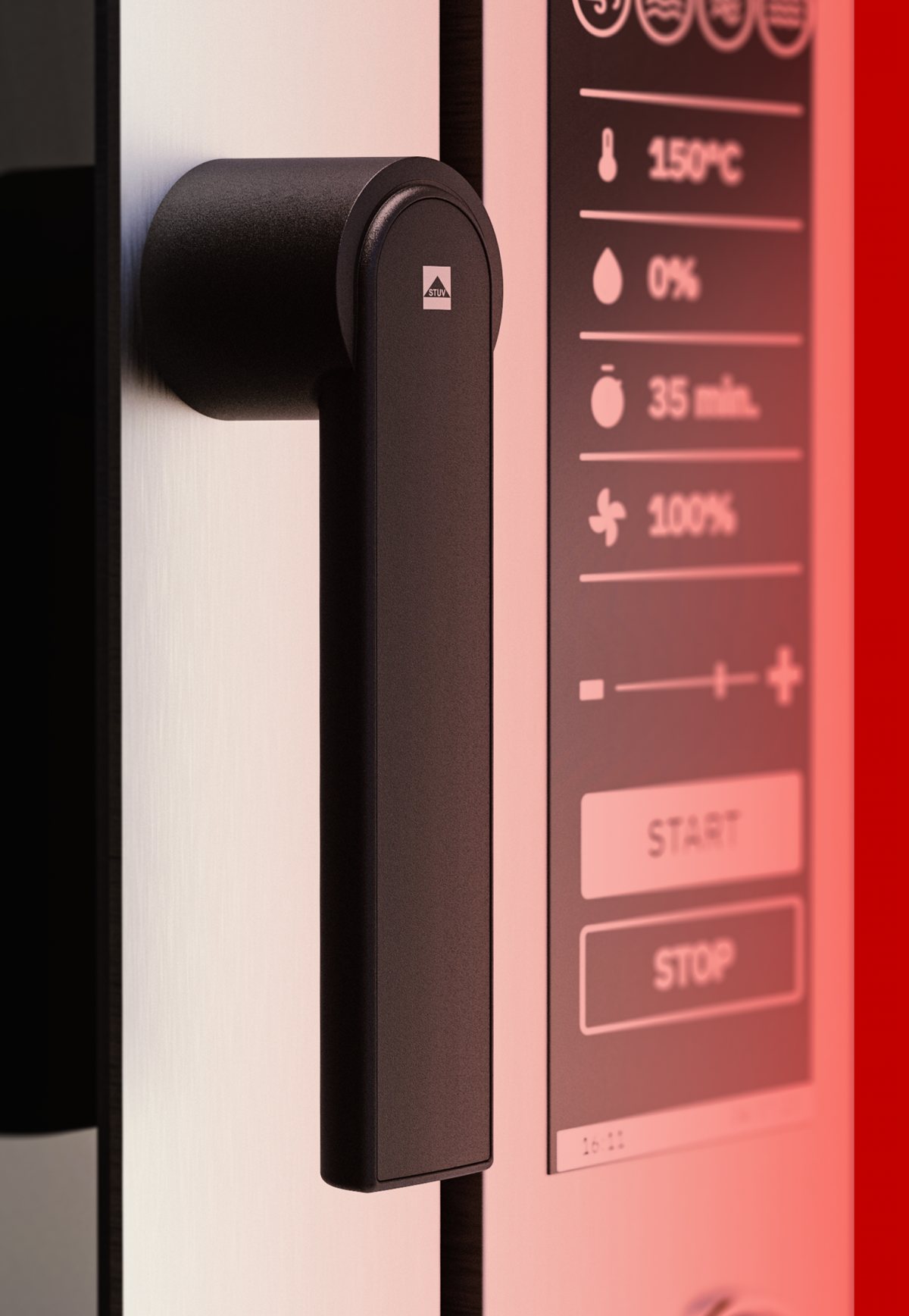The Thermolox from Stuv mounted on a catering appliance, integrated into a red gradient