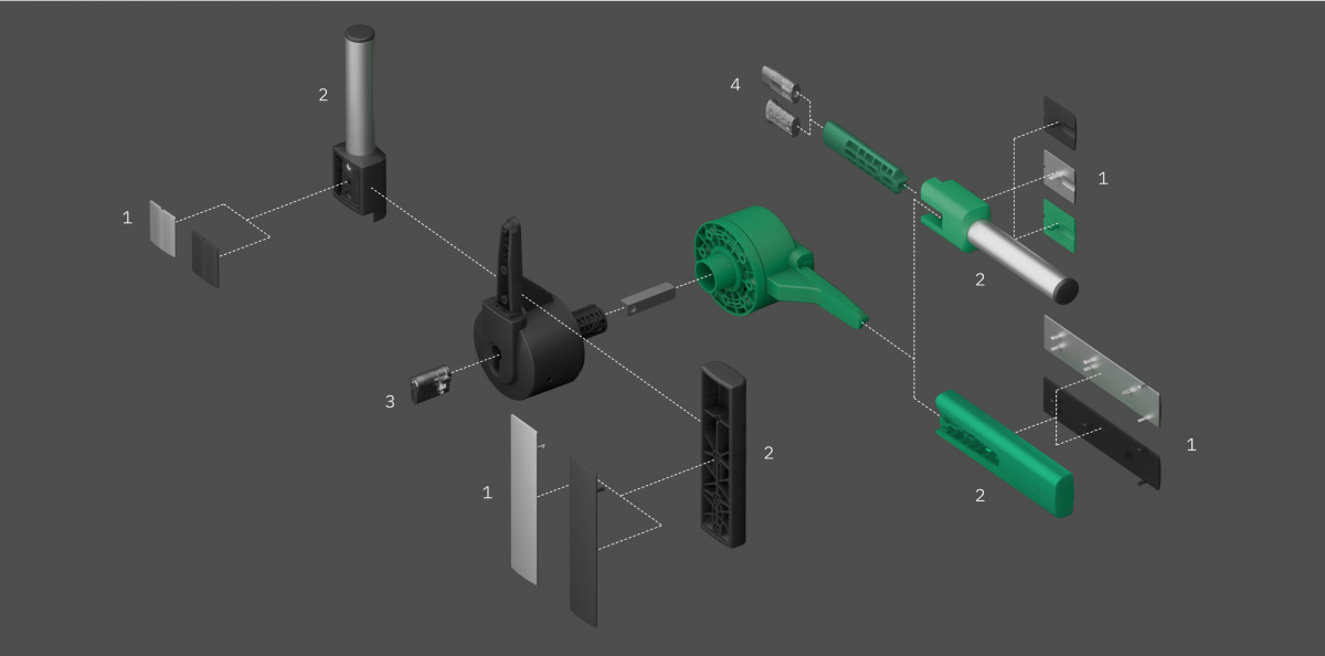 Technical representation of a product from Stuv's Varilox portfolio in the form of an exploded view with assembly lines and manufacturing sequence